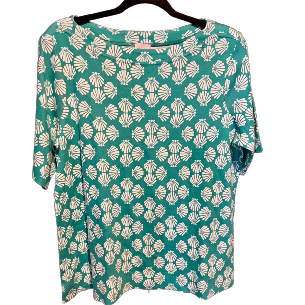 Chico's Aqua and White Shell Print Short Sleeve Top